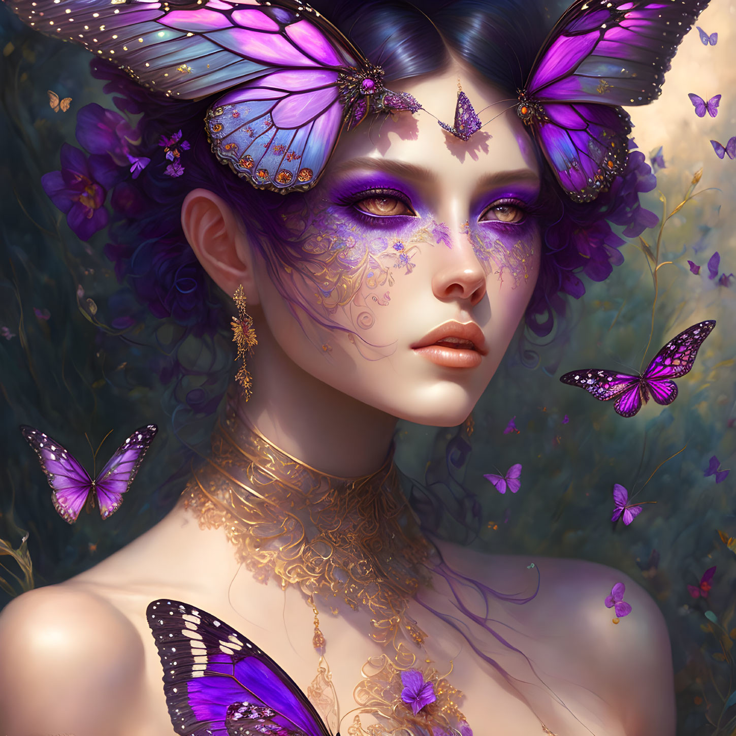 Fantastical portrait of woman with butterfly-themed makeup and adornments