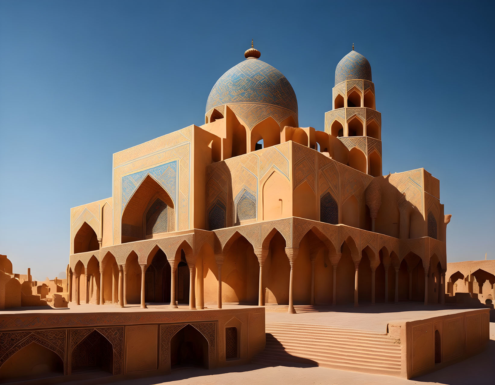 Intricate geometric patterns and azure mosaic domes of a traditional mosque