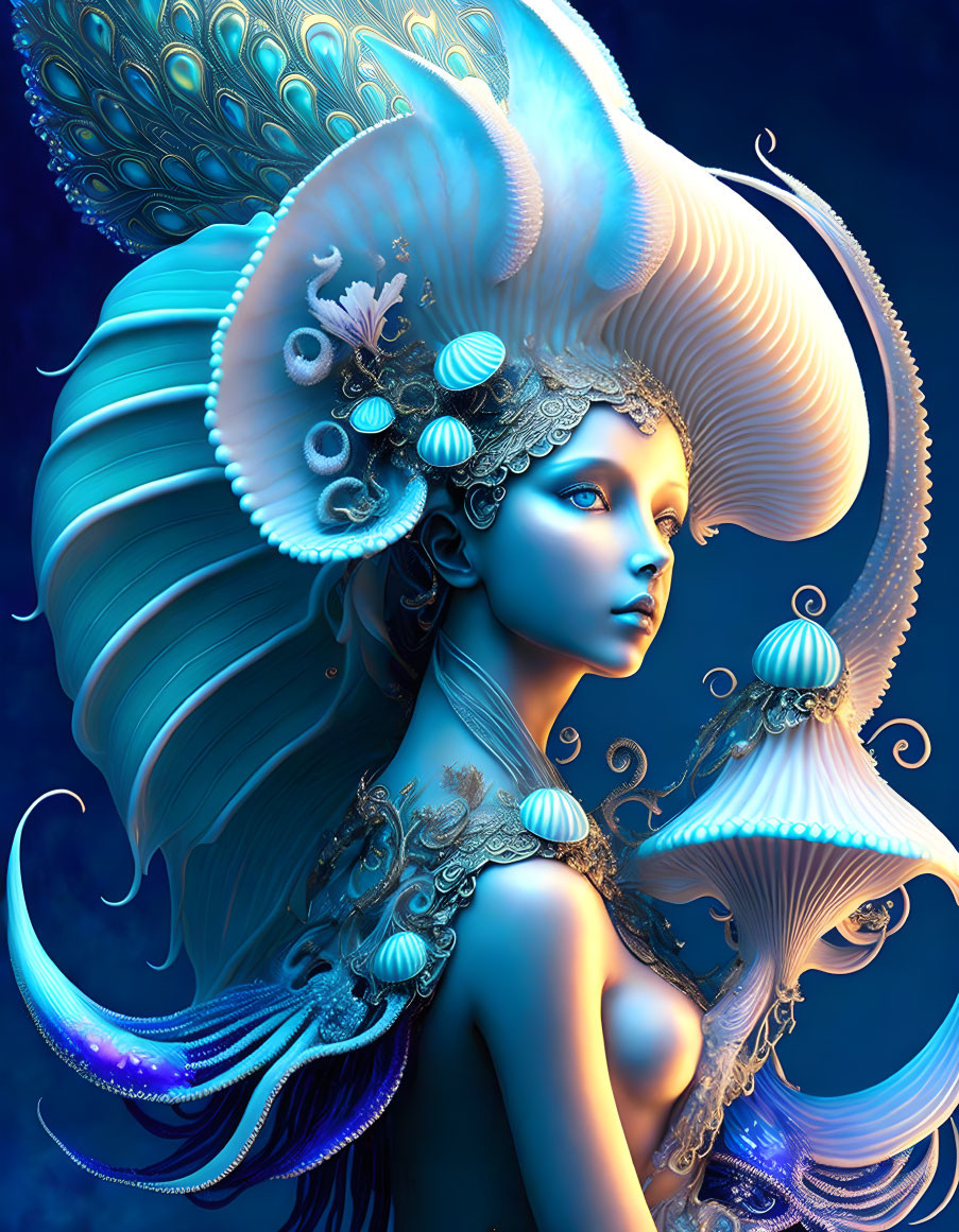 Mythical female figure with marine-themed adornments on a blue backdrop