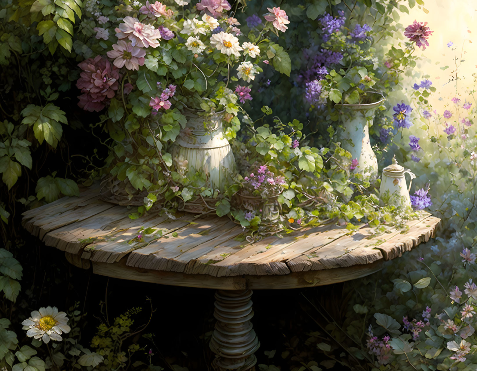 Rustic wooden table with flowers, surrounded by lush foliage