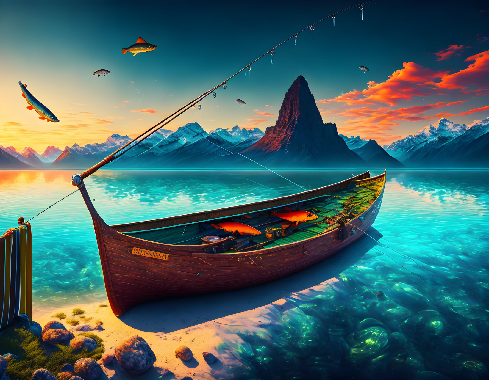 Surreal landscape with wooden boat, fish, fishing rod, luggage, mountains, and colorful sky