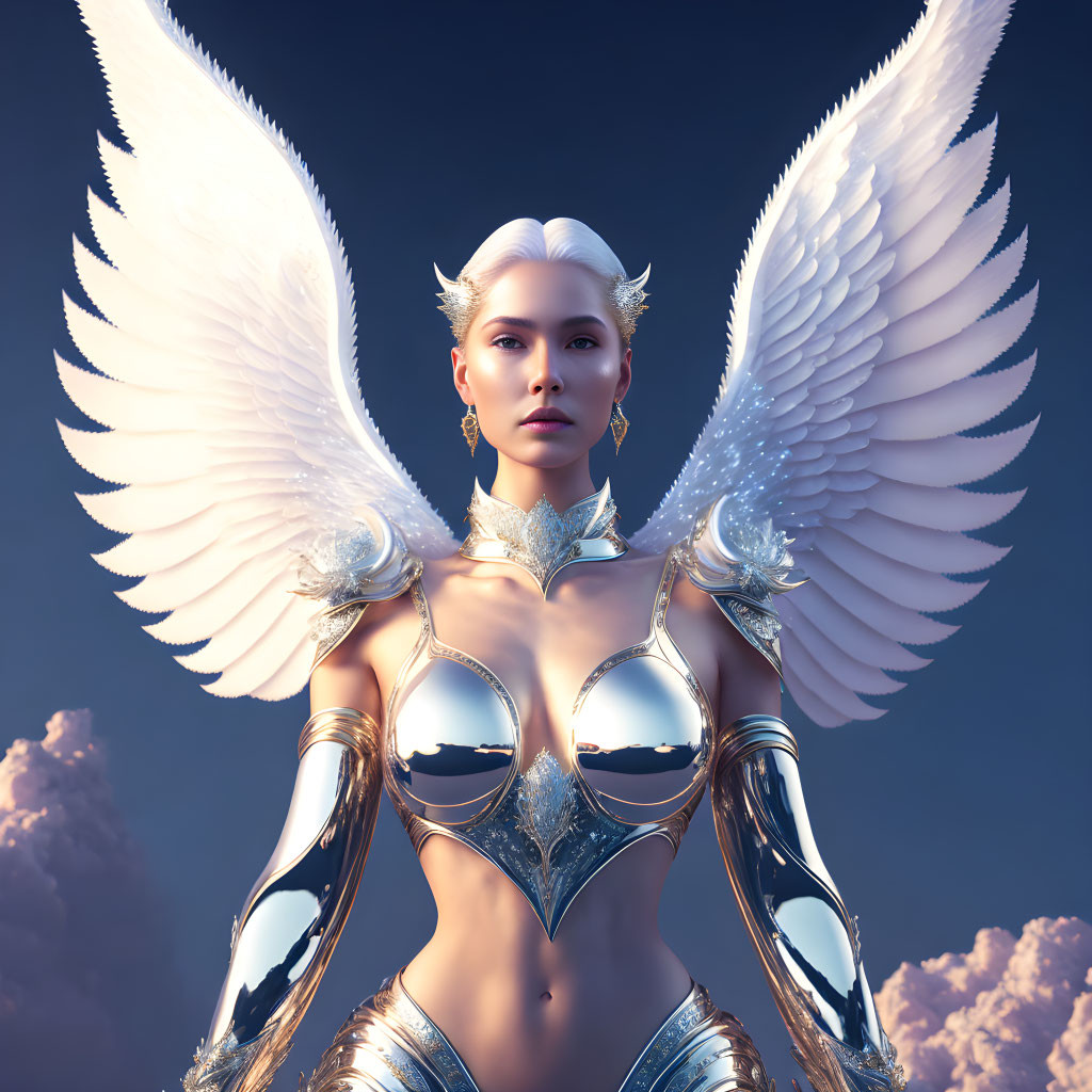 Majestic figure with white wings and golden armor against cloudy sky