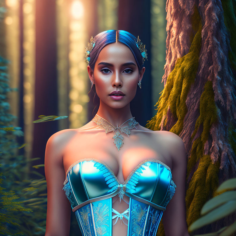 Woman in ornate blue headpiece and corset in mystical forest with sunlight filtering through tall trees