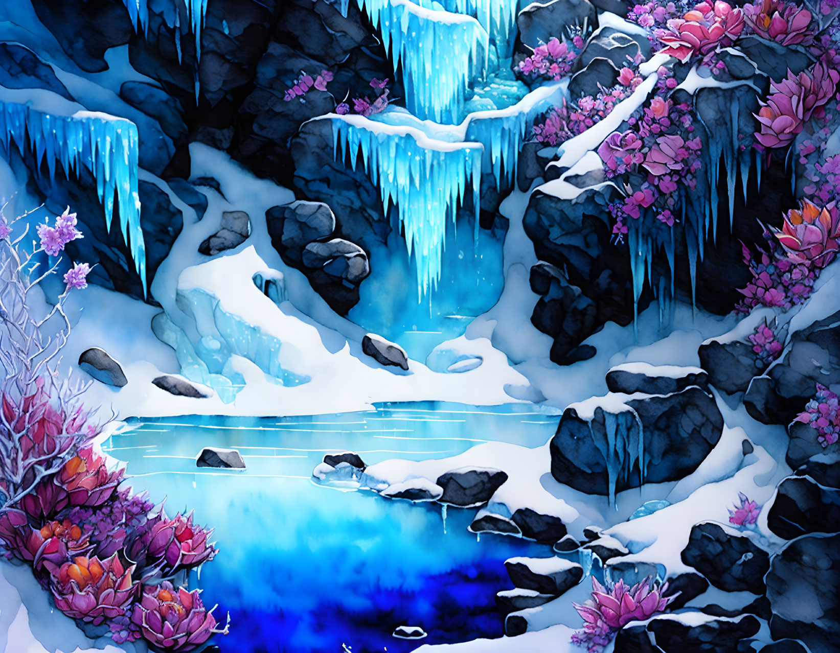 Winter Scene Illustration: Icy Waterfalls, Blue Pond, Colorful Vegetation