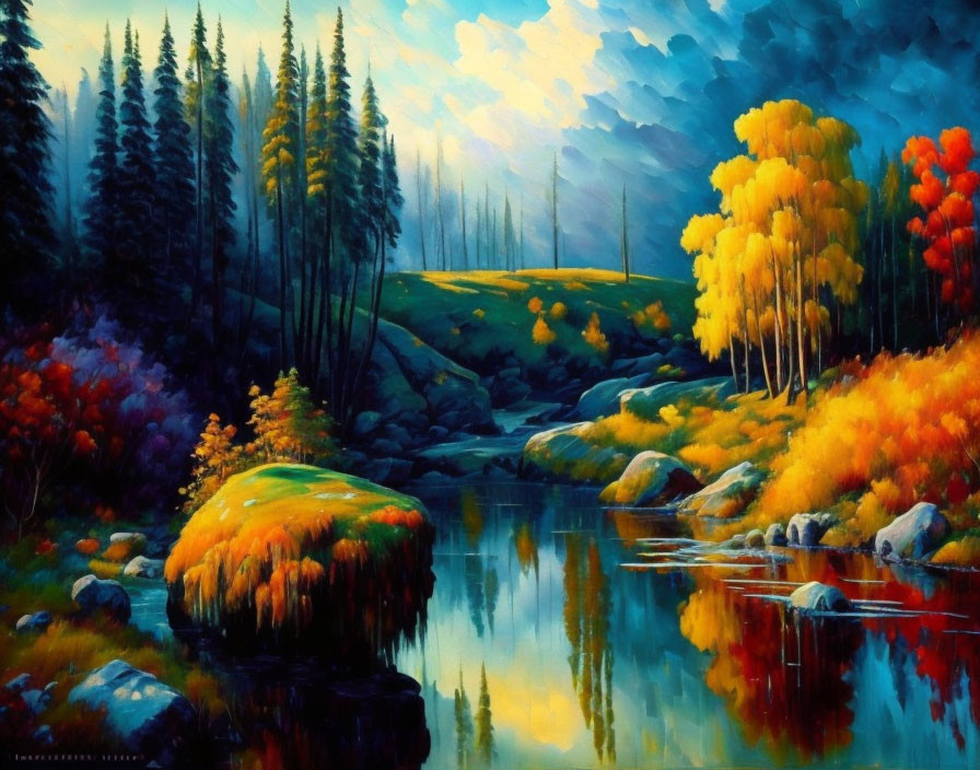 Colorful Autumn Landscape with Serene River & Dramatic Sky