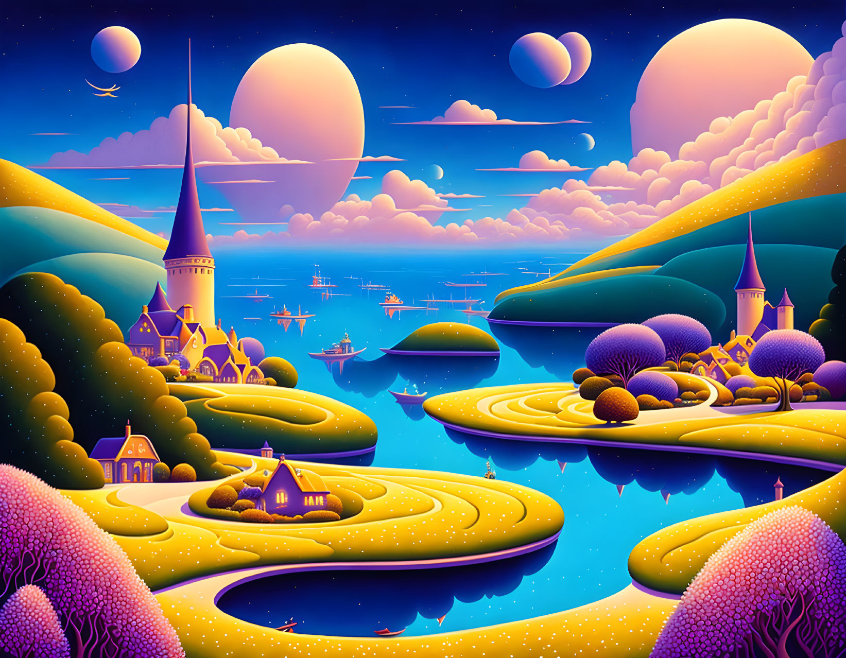 Fantasy landscape with castles, rivers, hills, and moons