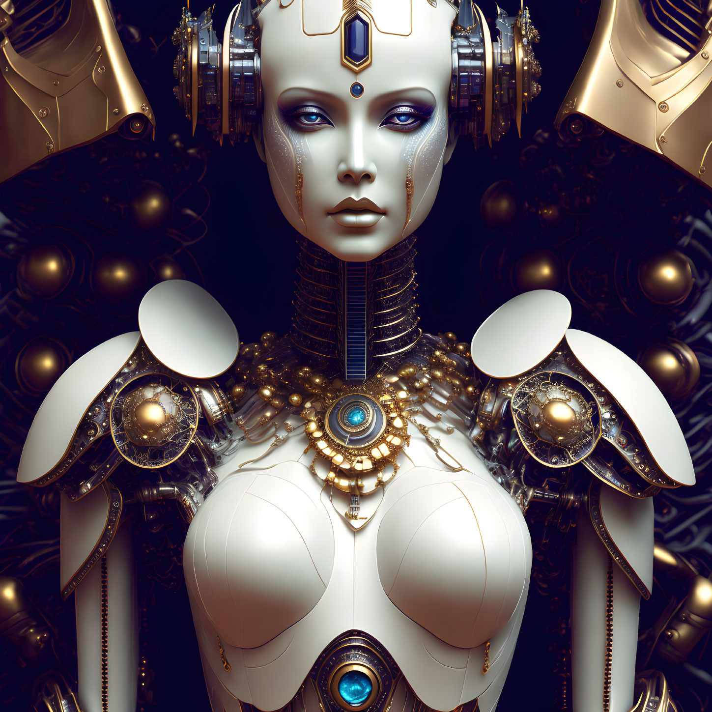 Detailed Female Android in Gold & White with Blue Glowing Elements