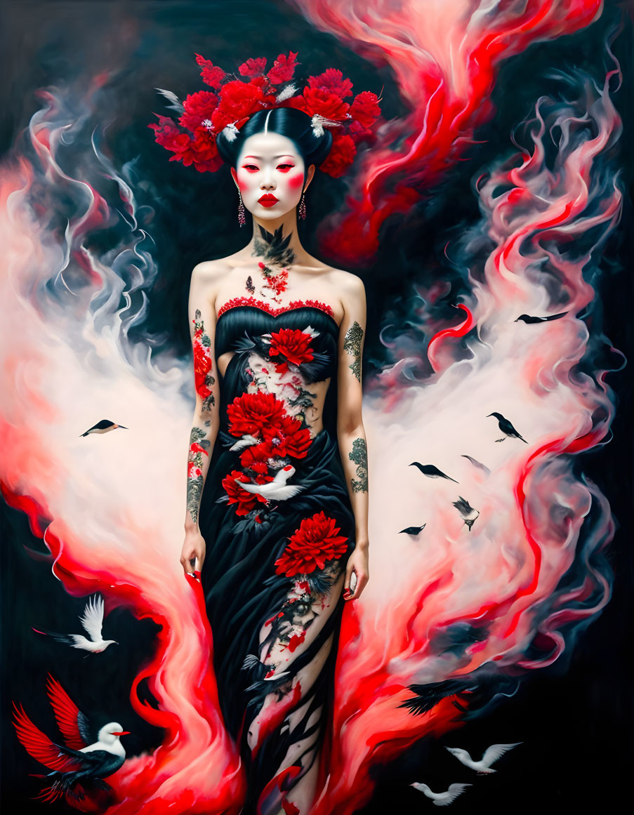 Ethereal woman in black with red floral designs against smoky background