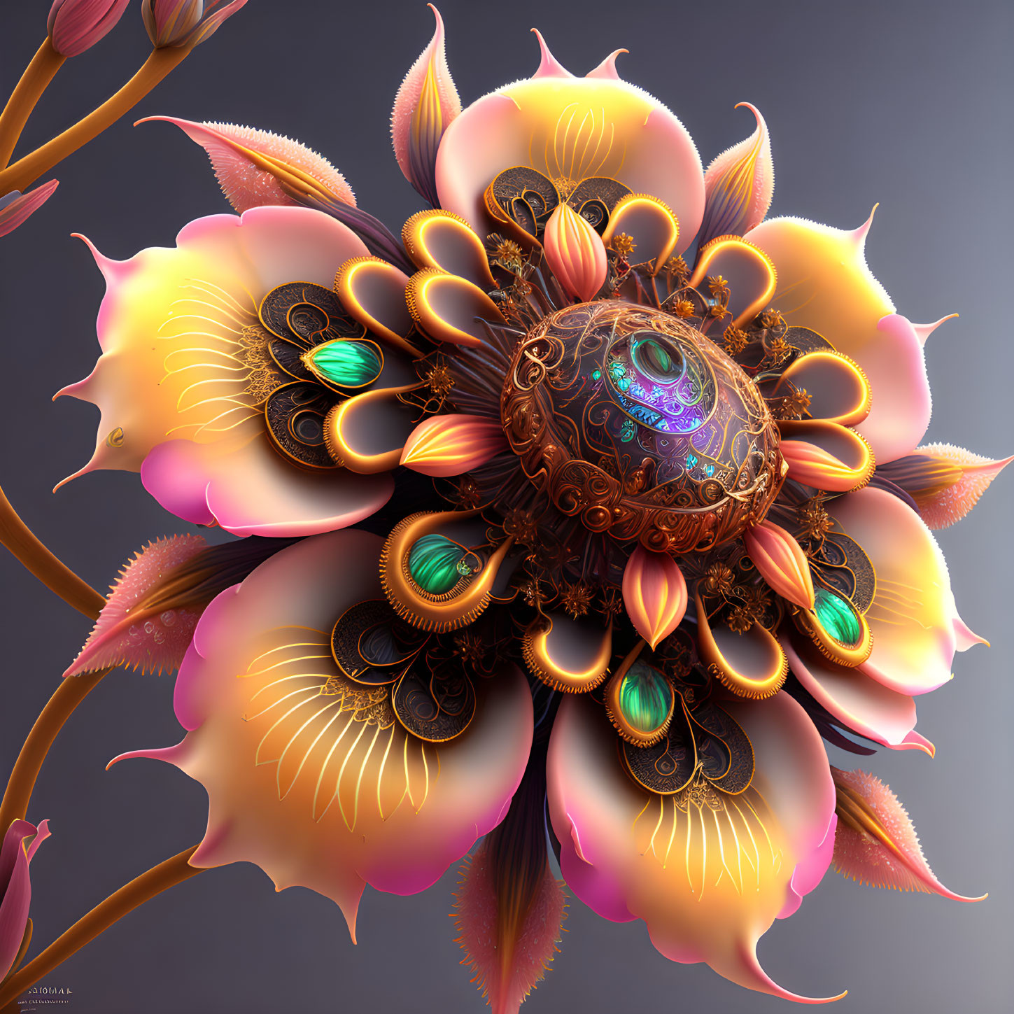 Surreal digital art: ornate metallic flower with gold and pink petals, iridescent blue