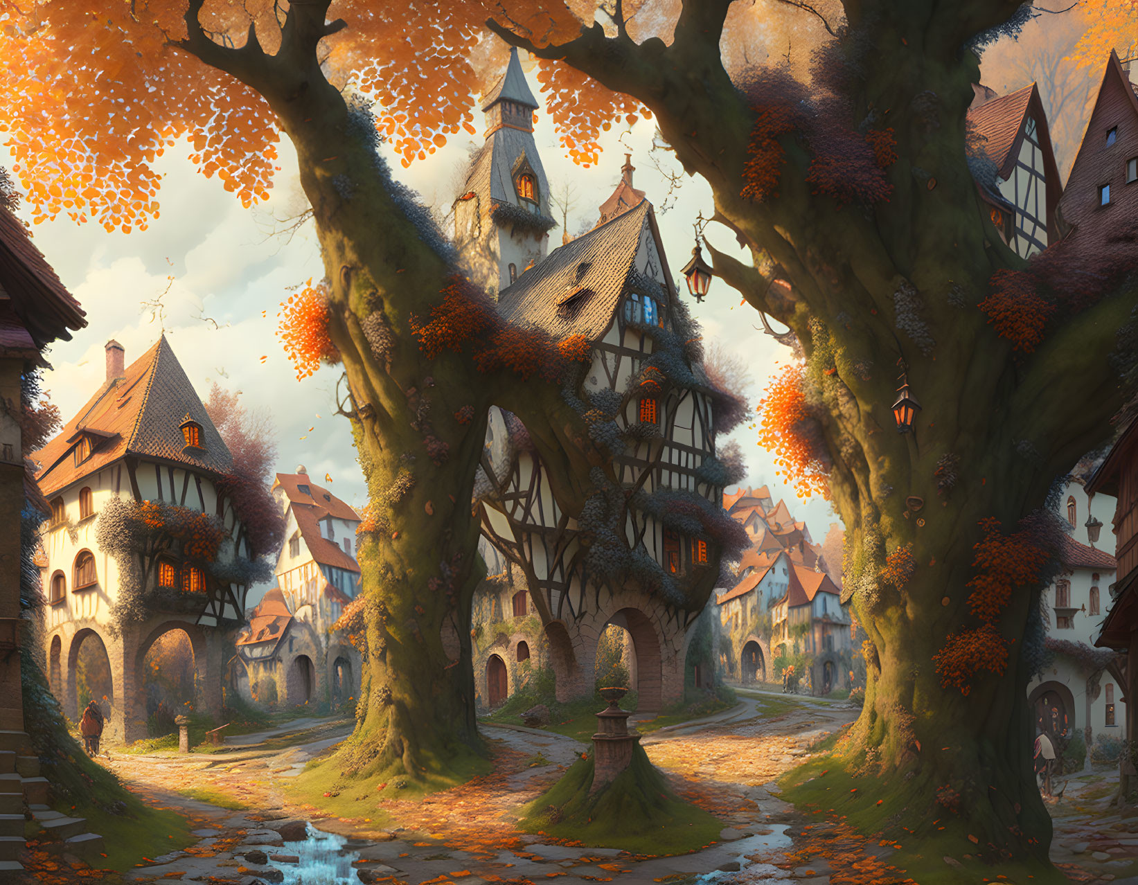 Picturesque autumn village with cobblestone paths and half-timbered houses