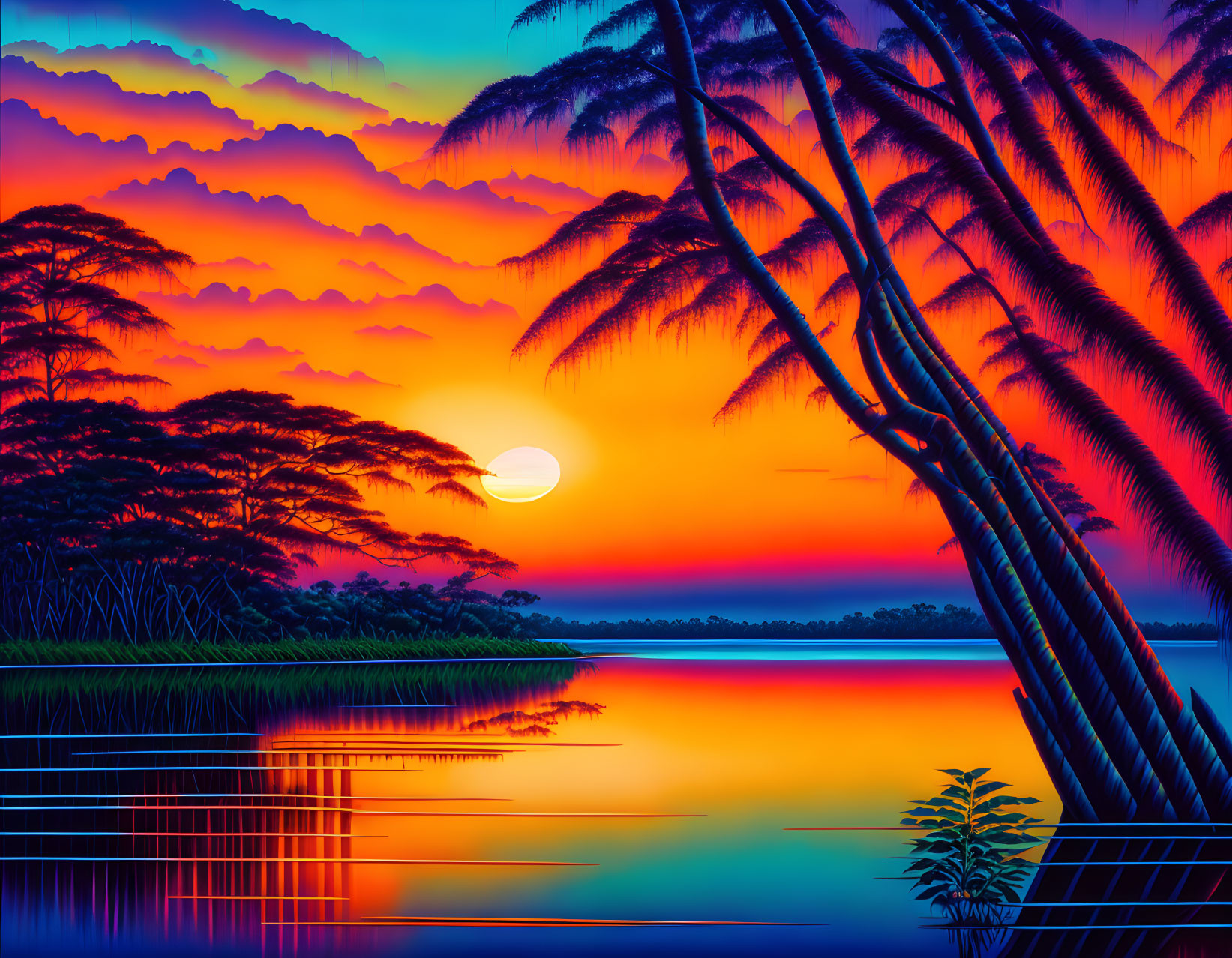 Colorful digital art: Sunset with purple and orange hues, palm tree silhouettes, river reflections