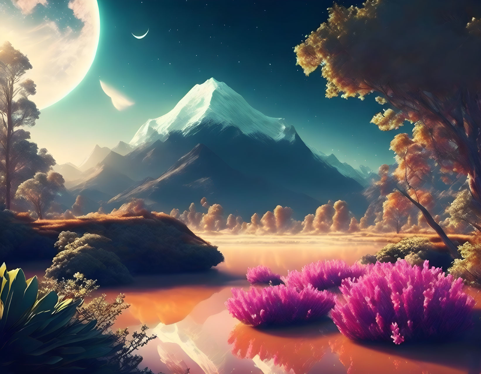 Surreal landscape with glowing river, purple flora, crescent moon, snow-capped mountains