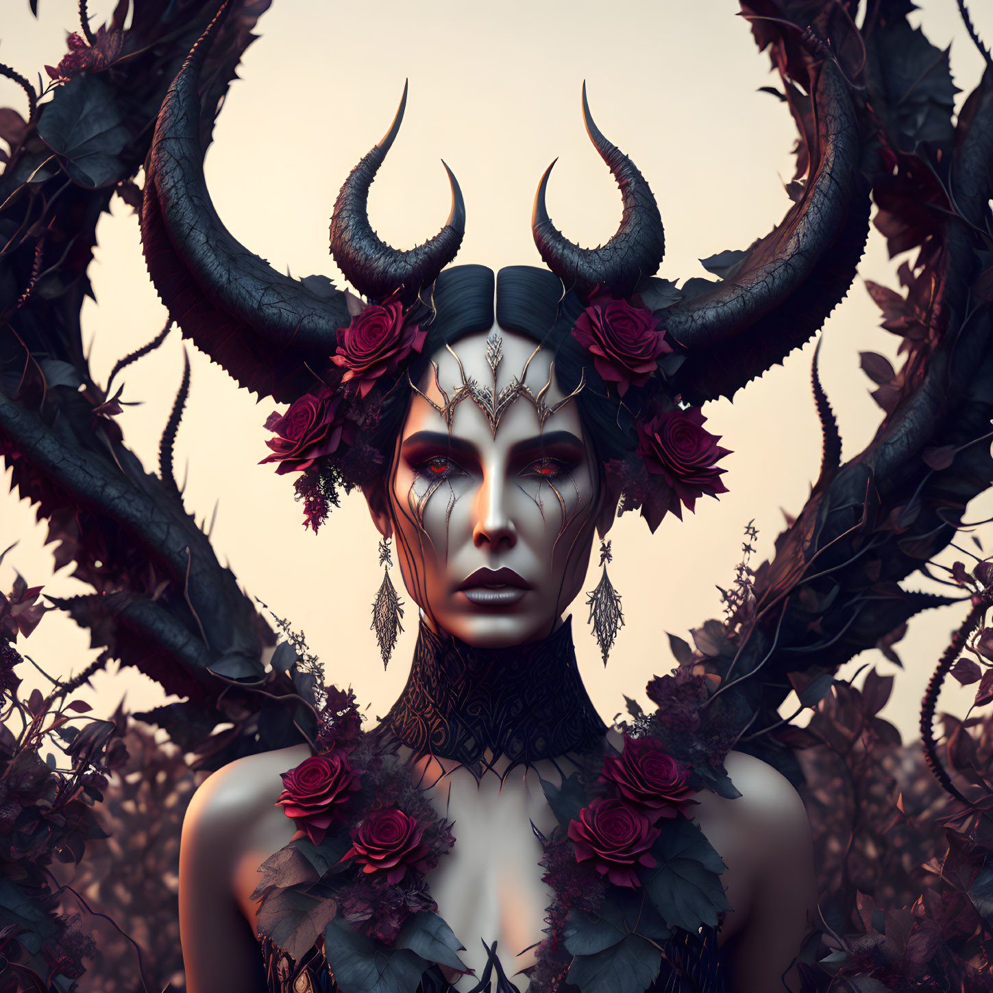 Fantasy image of woman with horns, dark makeup, floral adornments, and mystical headdress among