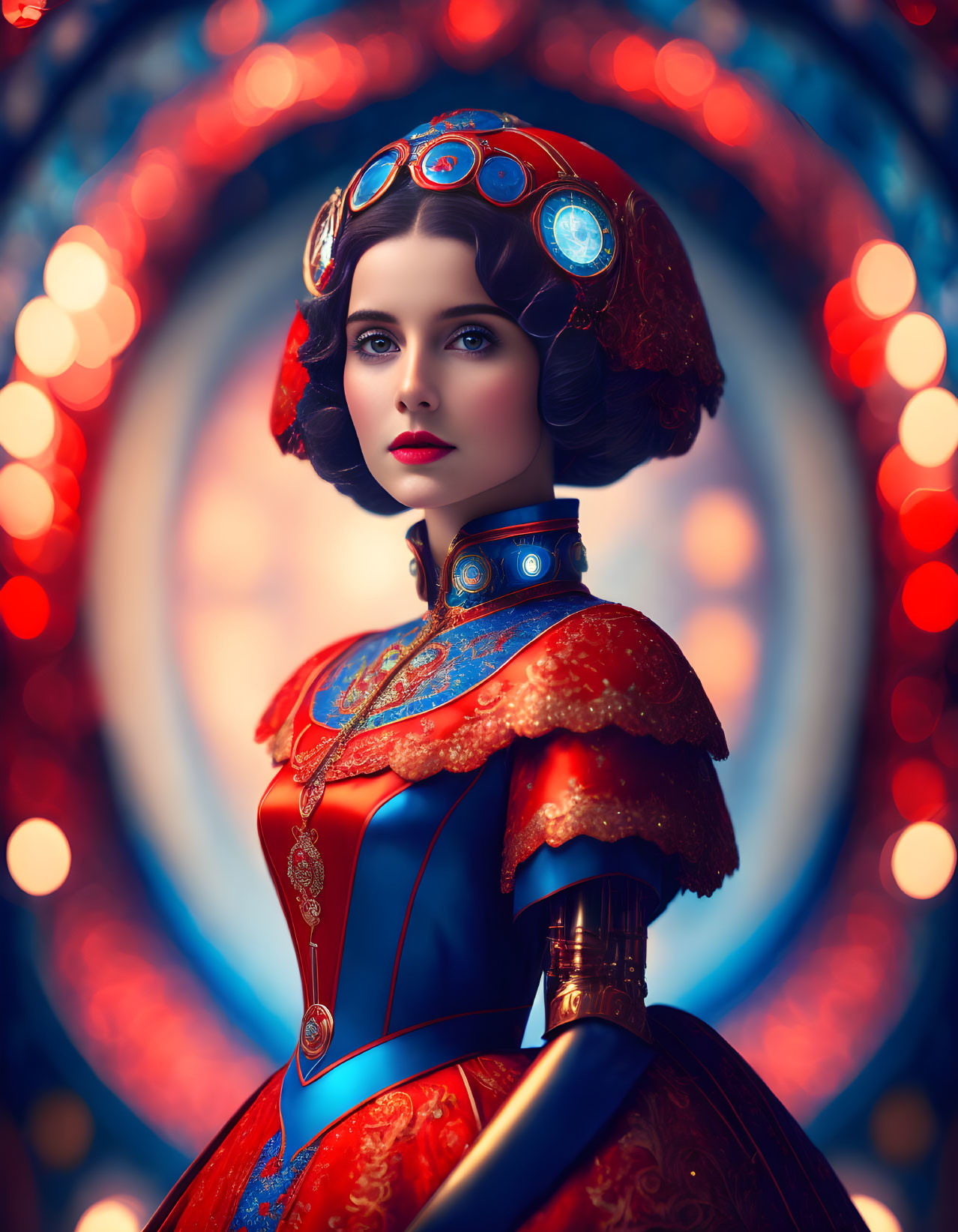 Steampunk-inspired woman in red and blue outfit with goggles and circular light pattern