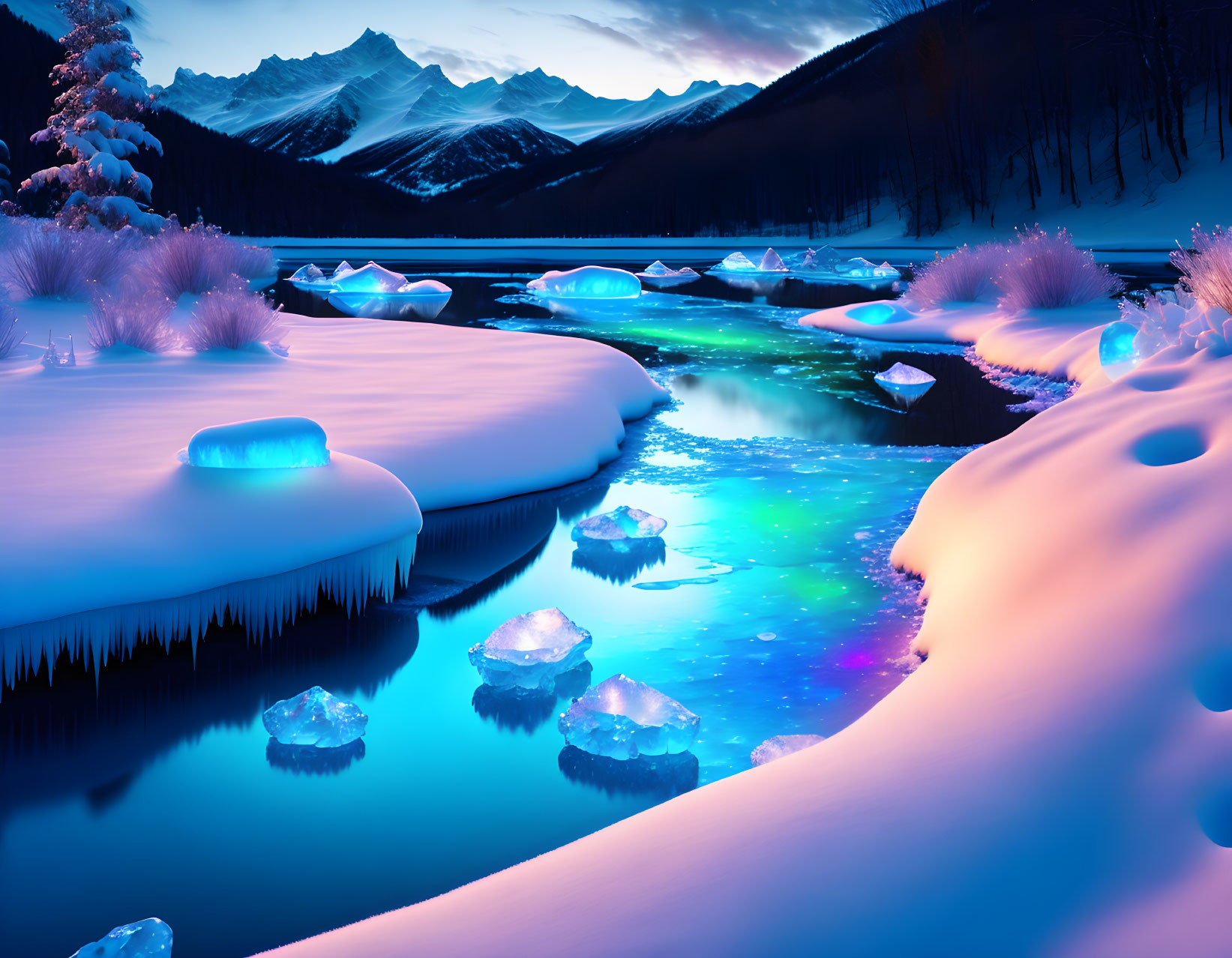 Tranquil winter landscape: glowing blue ice formations at twilight