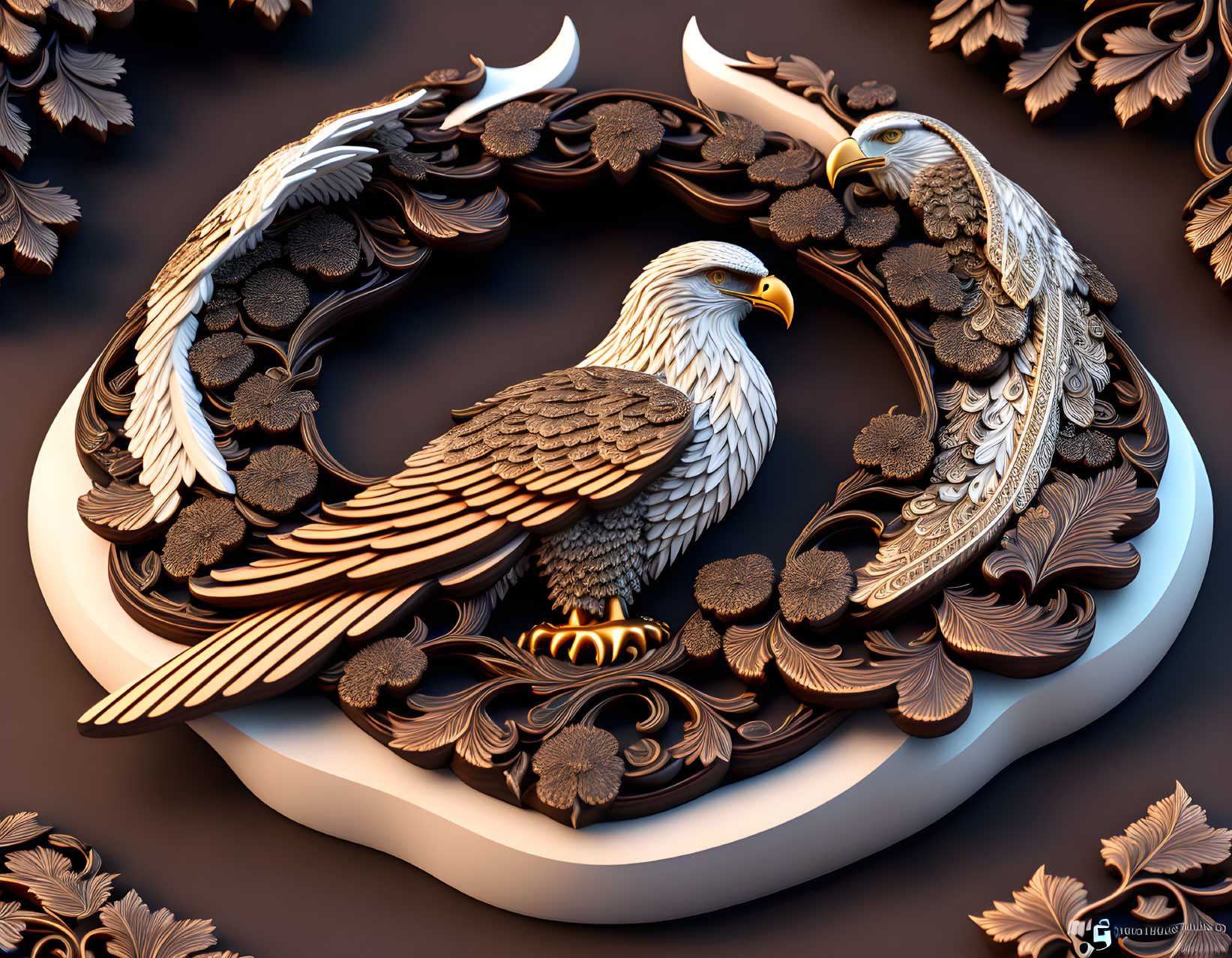 Detailed 3D yin-yang symbol with eagles and floral motifs on dark background