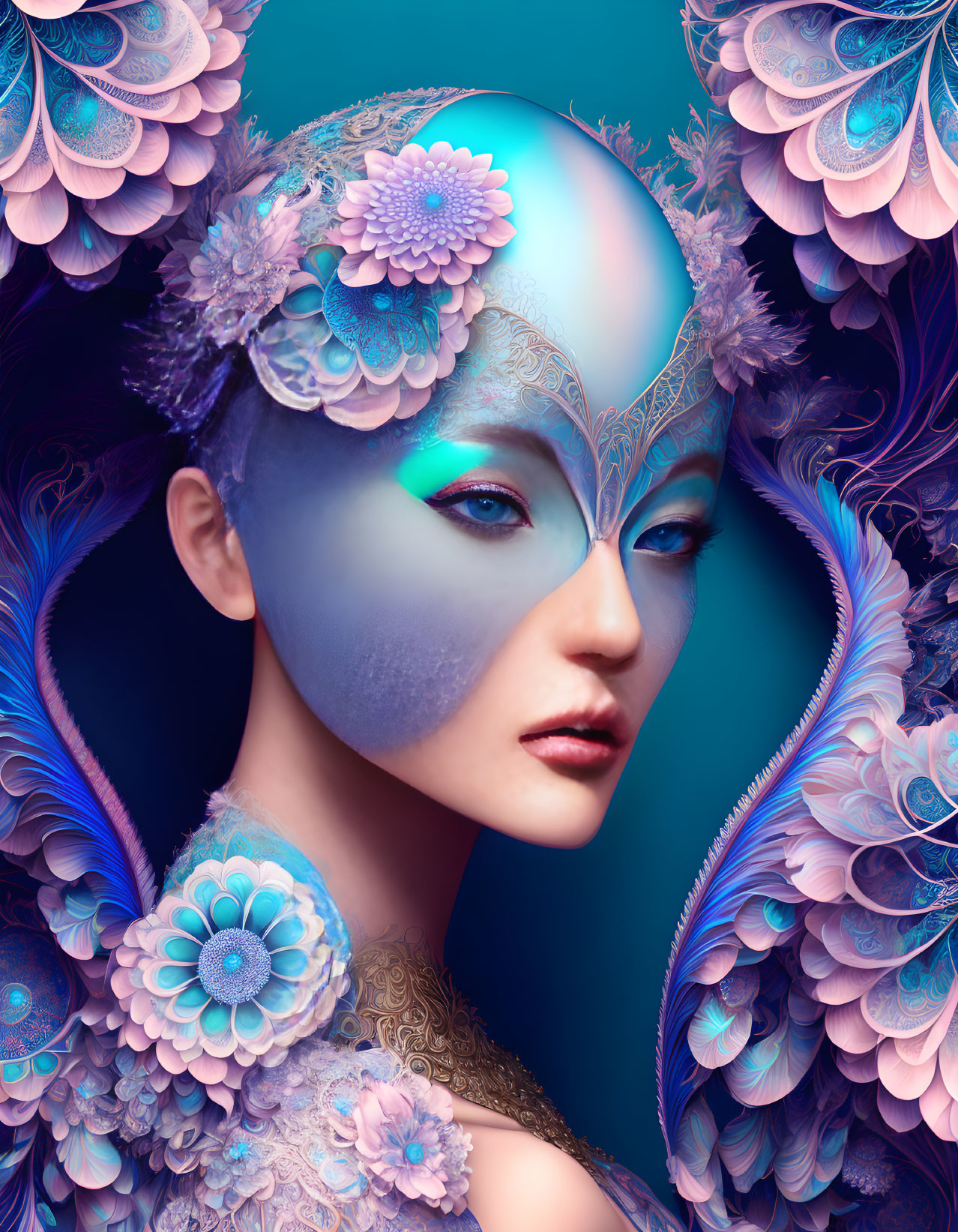 Surreal portrait of woman with blue painted face and floral patterns