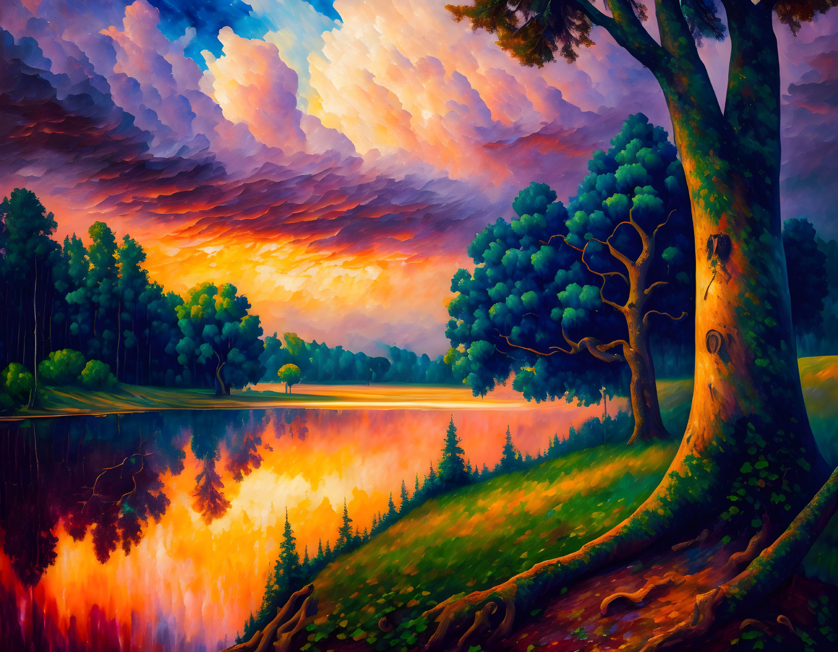 Scenic sunset painting with fiery clouds and serene lake