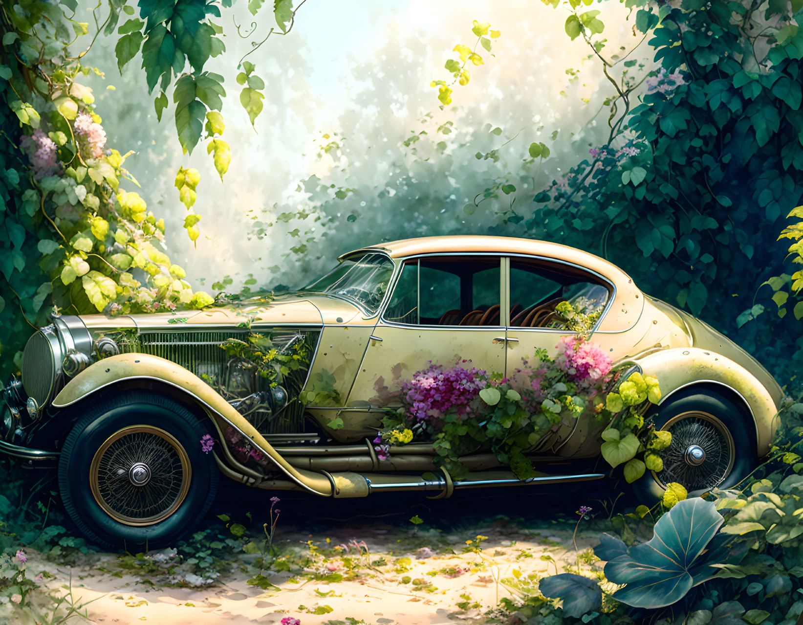 Vintage Car Covered in Vines and Flowers in Forest Clearing