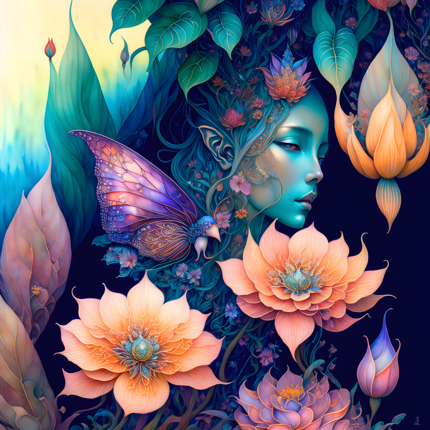 Detailed illustration of woman's face surrounded by lush foliage and orange flowers with butterfly.