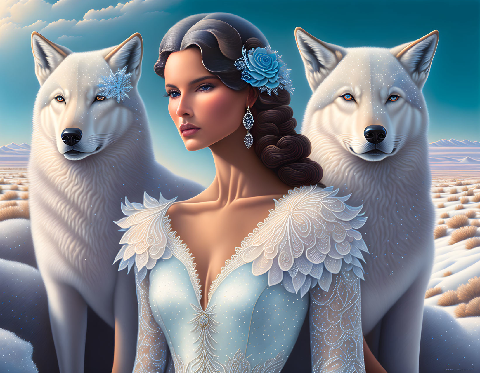 Woman with Blue Floral Headpiece Surrounded by White Wolves in Snowy Scene