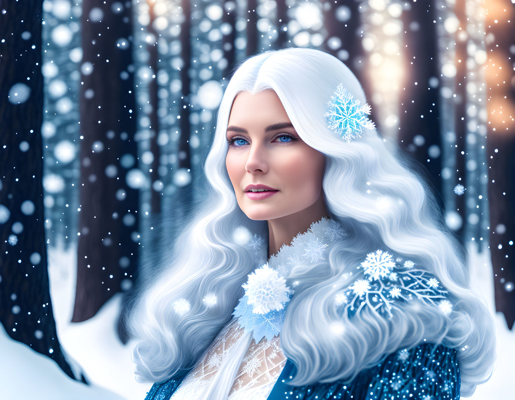 Portrait of woman with long white hair and blue eyes in snowy forest setting