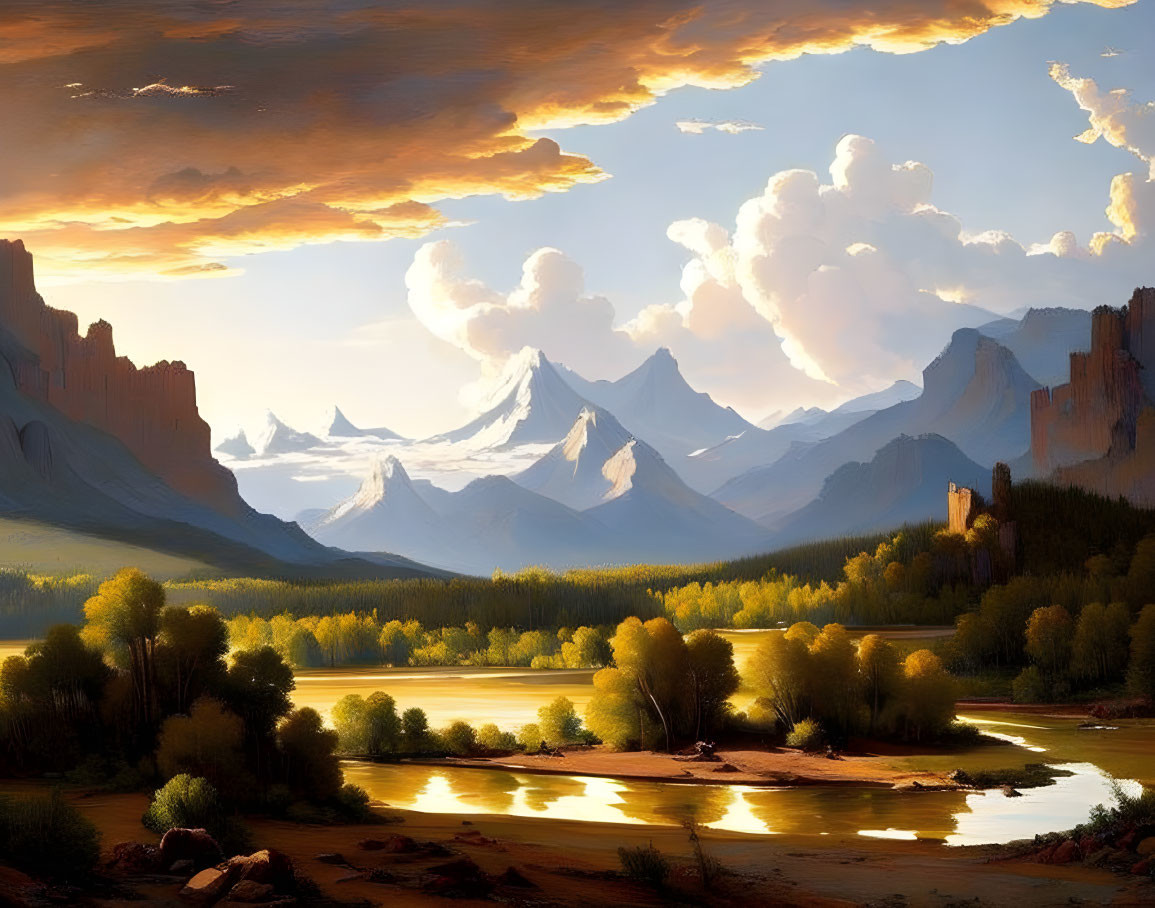 Scenic landscape: radiant sunset over river, mountains, forests, and cliffs