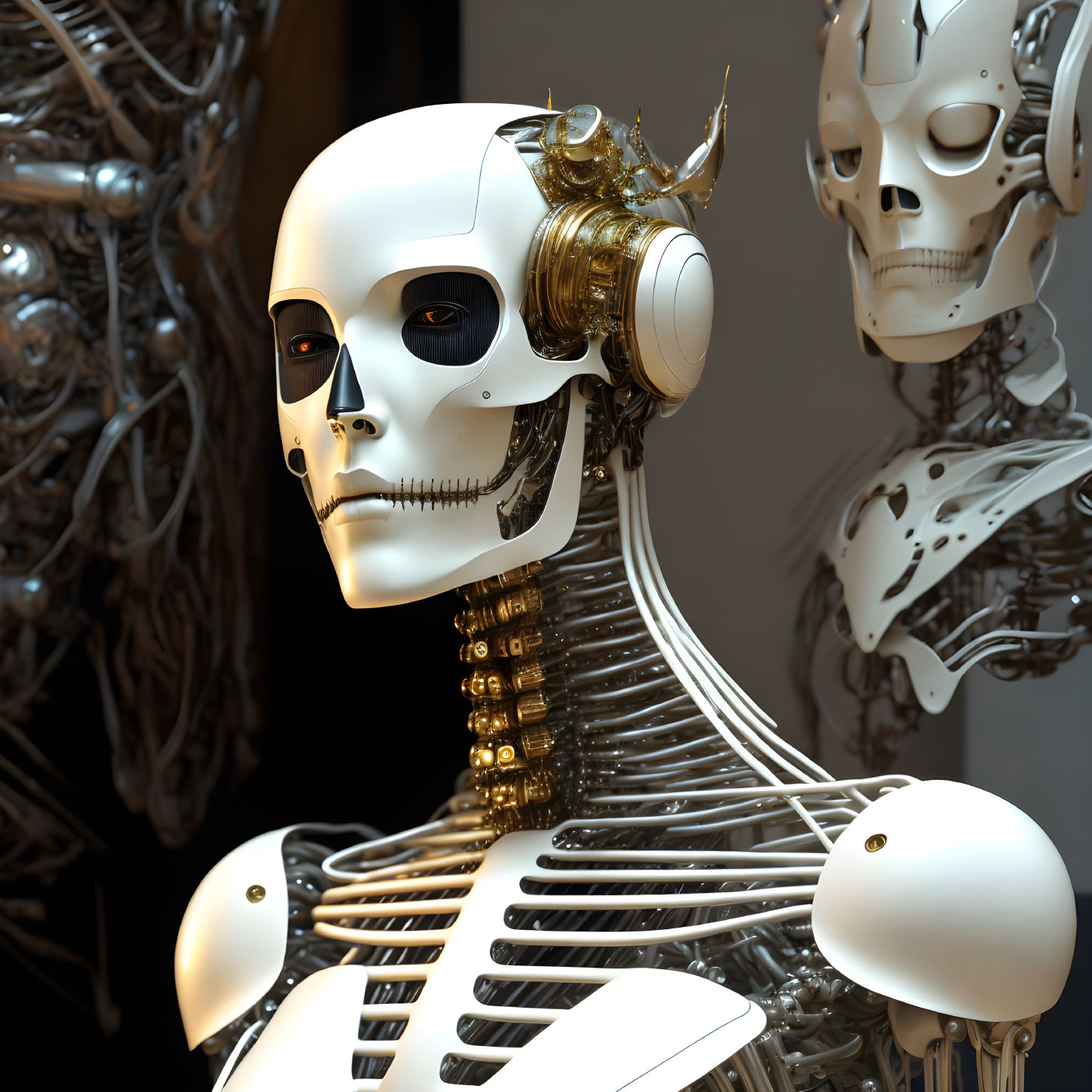 Detailed humanoid robot with skull-like face and brass earpiece.