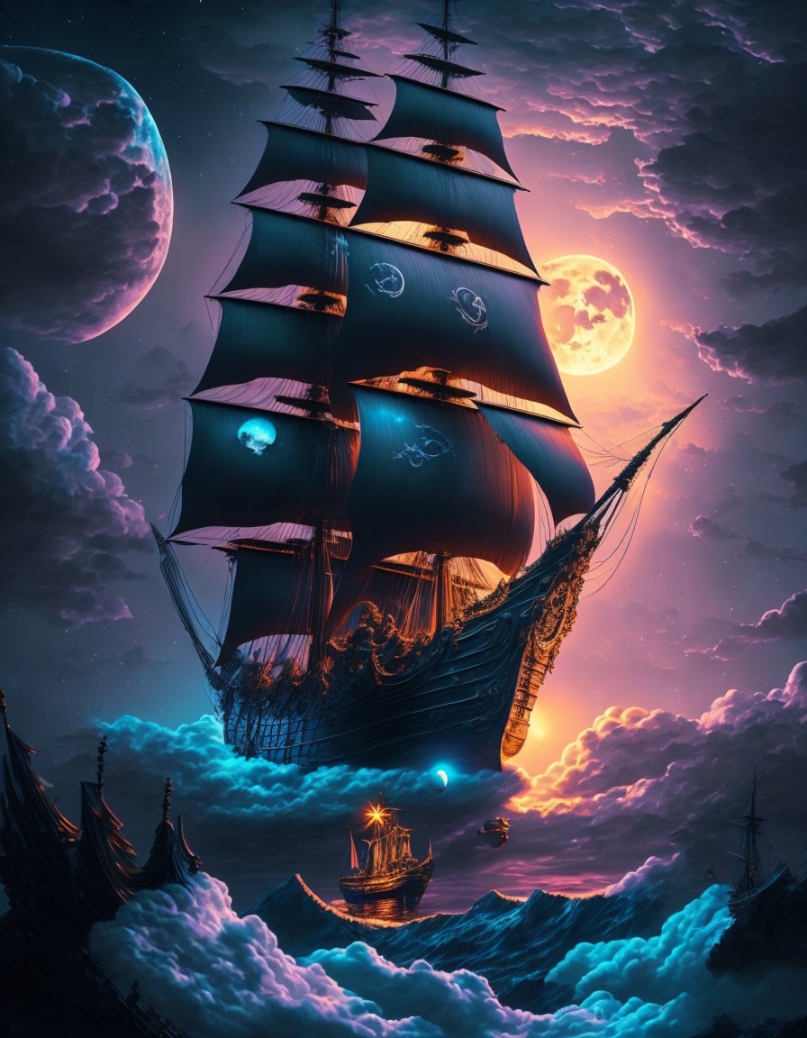 Majestic sailing ship in night sky with glowing windows, smaller ships, moon, and stars