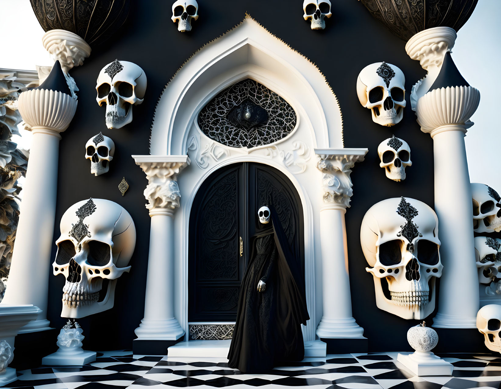 Gothic scene with robed figure, ornate door, skulls, checkerboard flooring