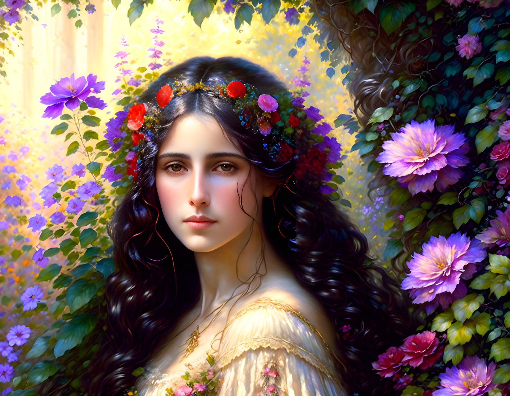 Dark-haired woman with floral crown in front of vibrant flower backdrop