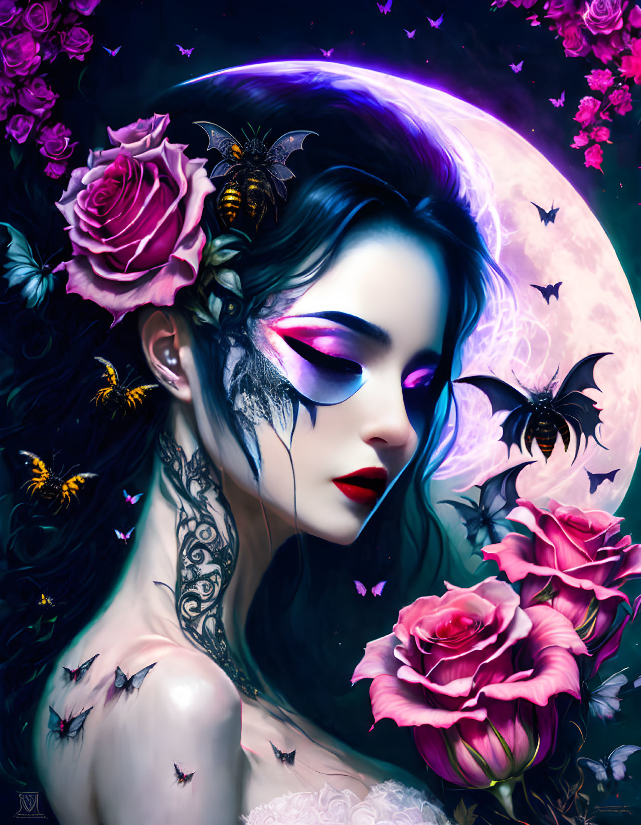 Digital Artwork: Woman with Makeup and Tattoos, Pink Roses, Bees, Moonlit Background