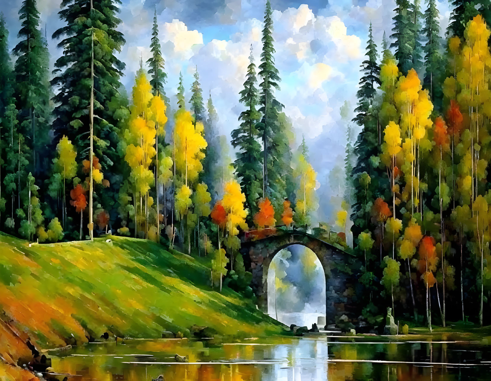 Lush Forest Painting with Trees, Bridge, River, and Cloudy Sky