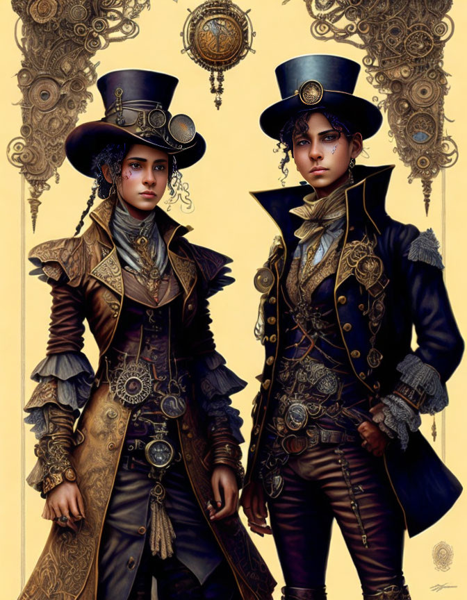 Steampunk-themed individuals in ornate attire with top hats and Victorian-style jackets