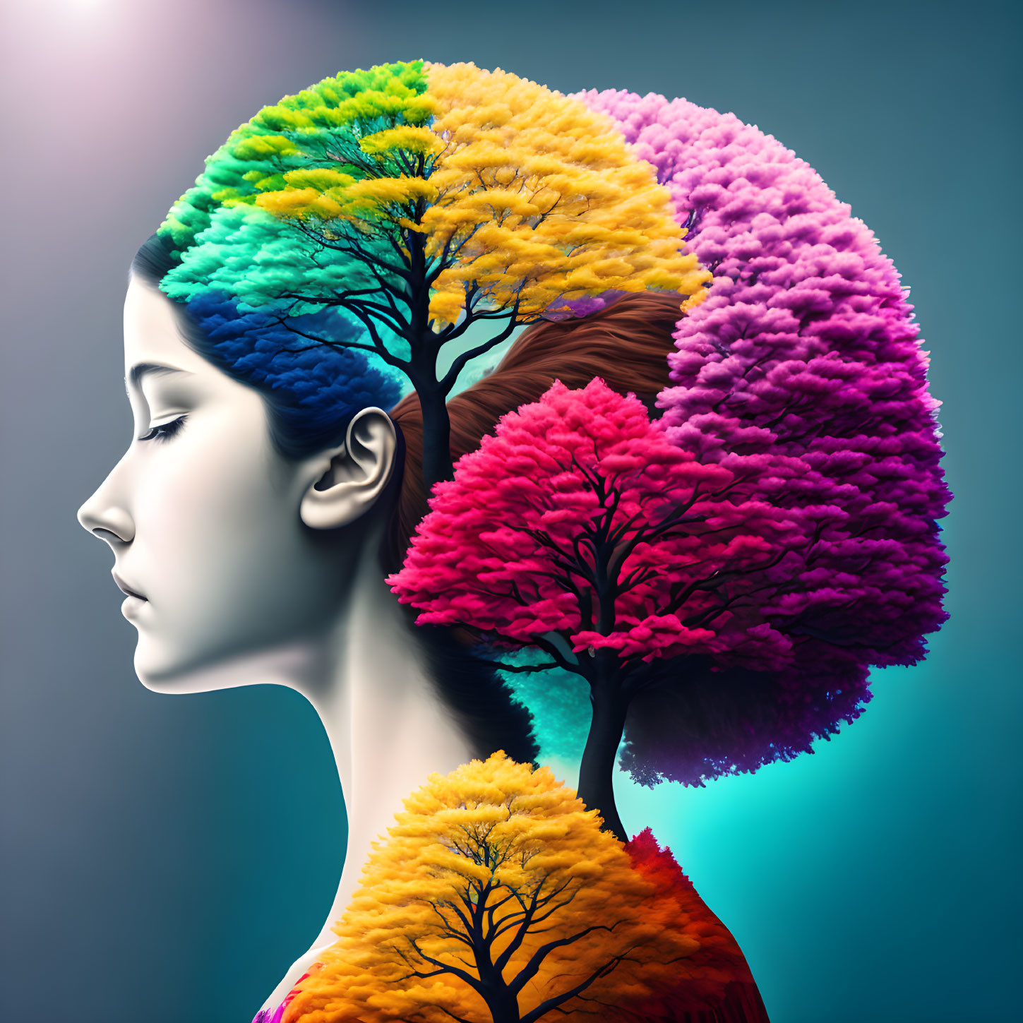 Colorful Tree Blended with Woman Profile on Cool Background