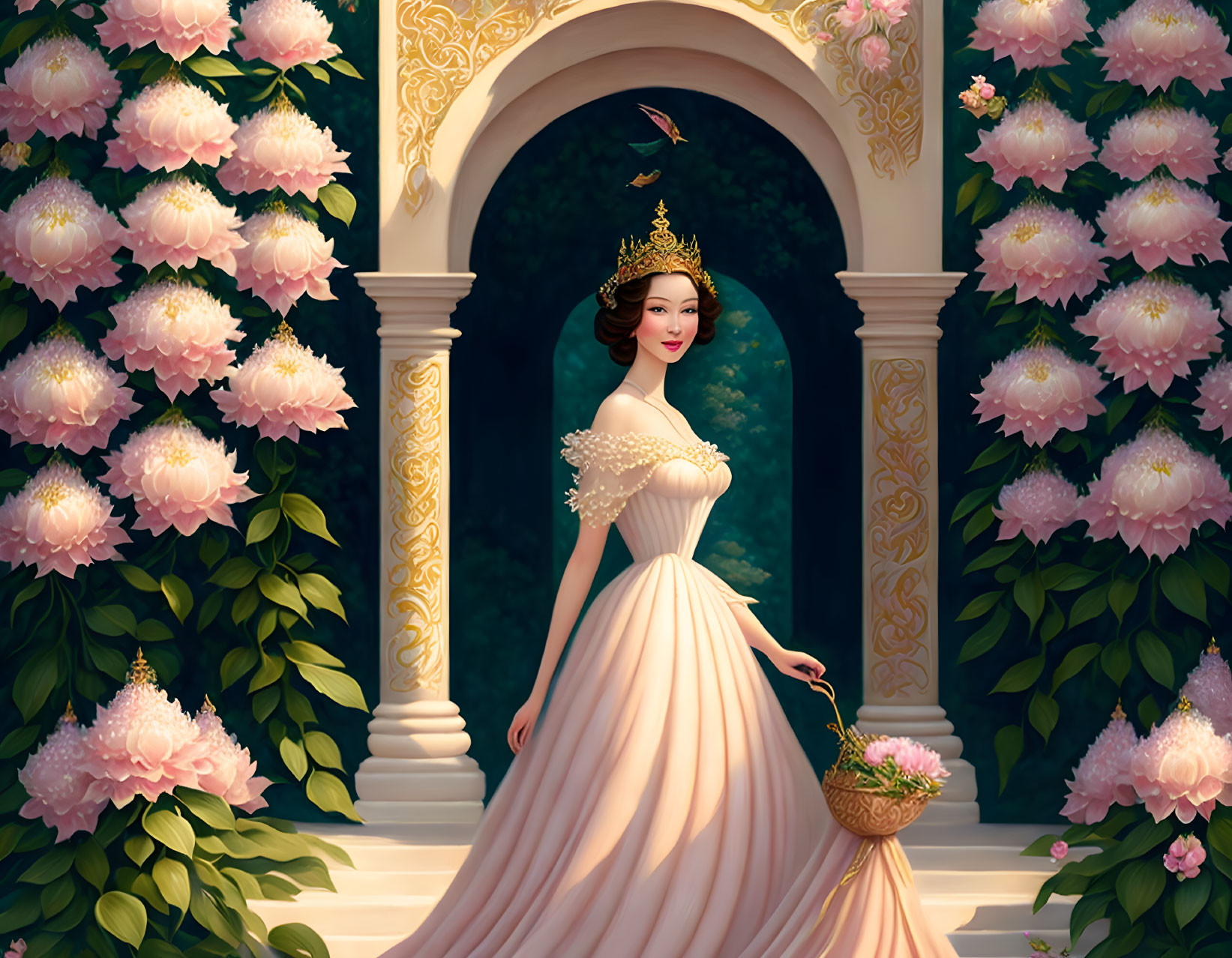 Regal woman in crown and gown with flower basket in floral doorway