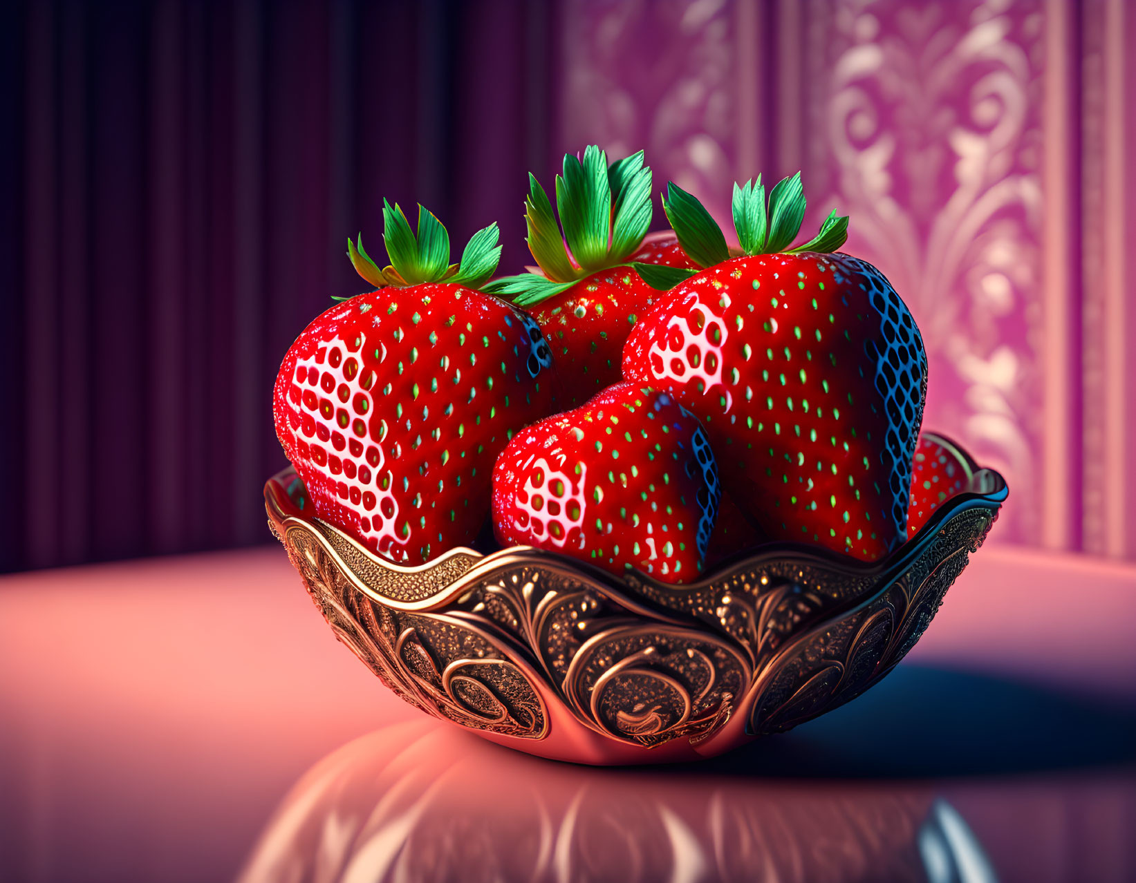 Plump ripe strawberries in decorative bowl on reflective surface