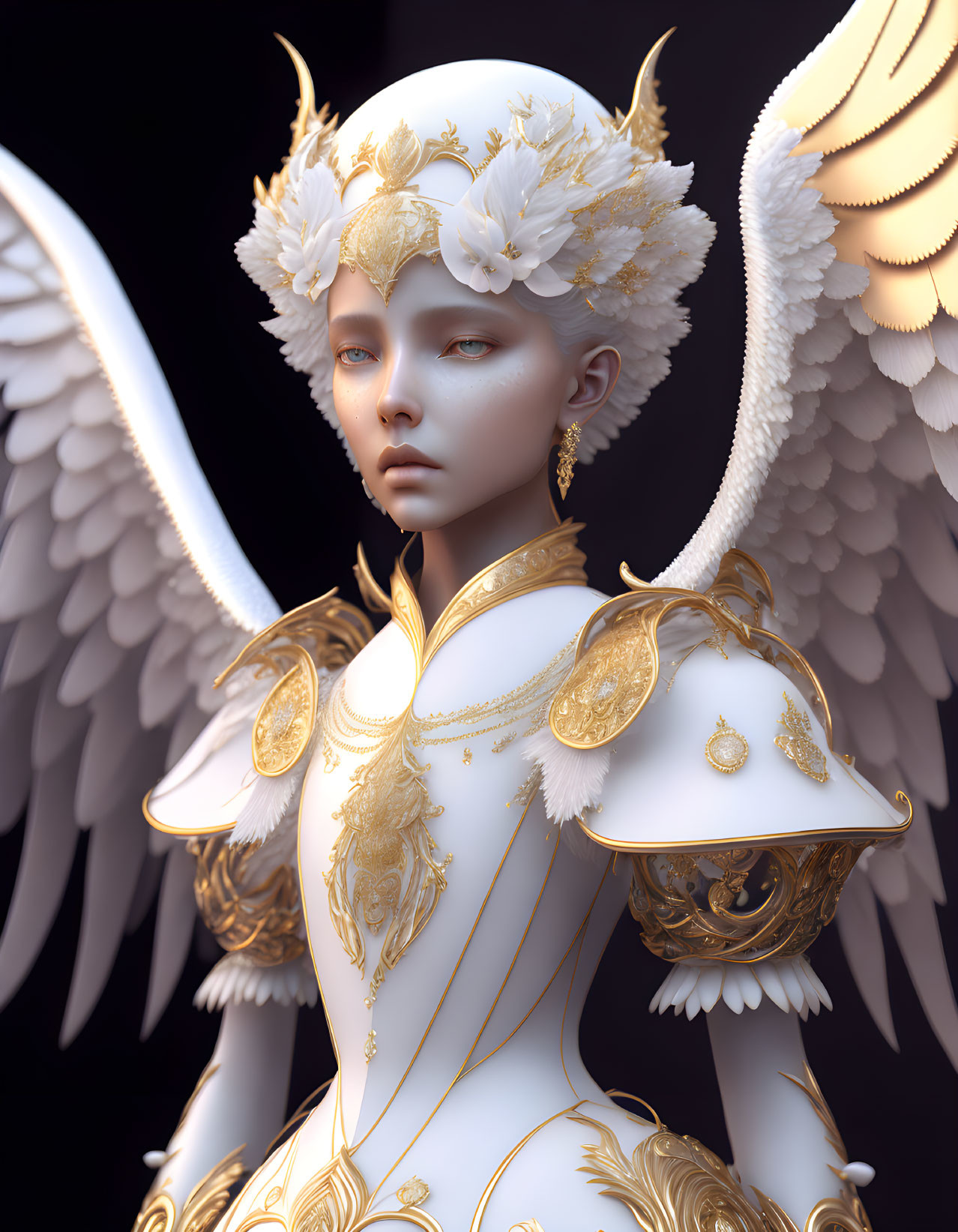 Ethereal figure in white and gold ornate armor with angelic wings