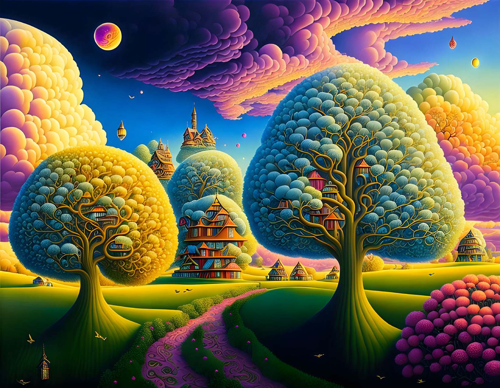 Colorful surreal landscape with whimsical elements and multiple moons.