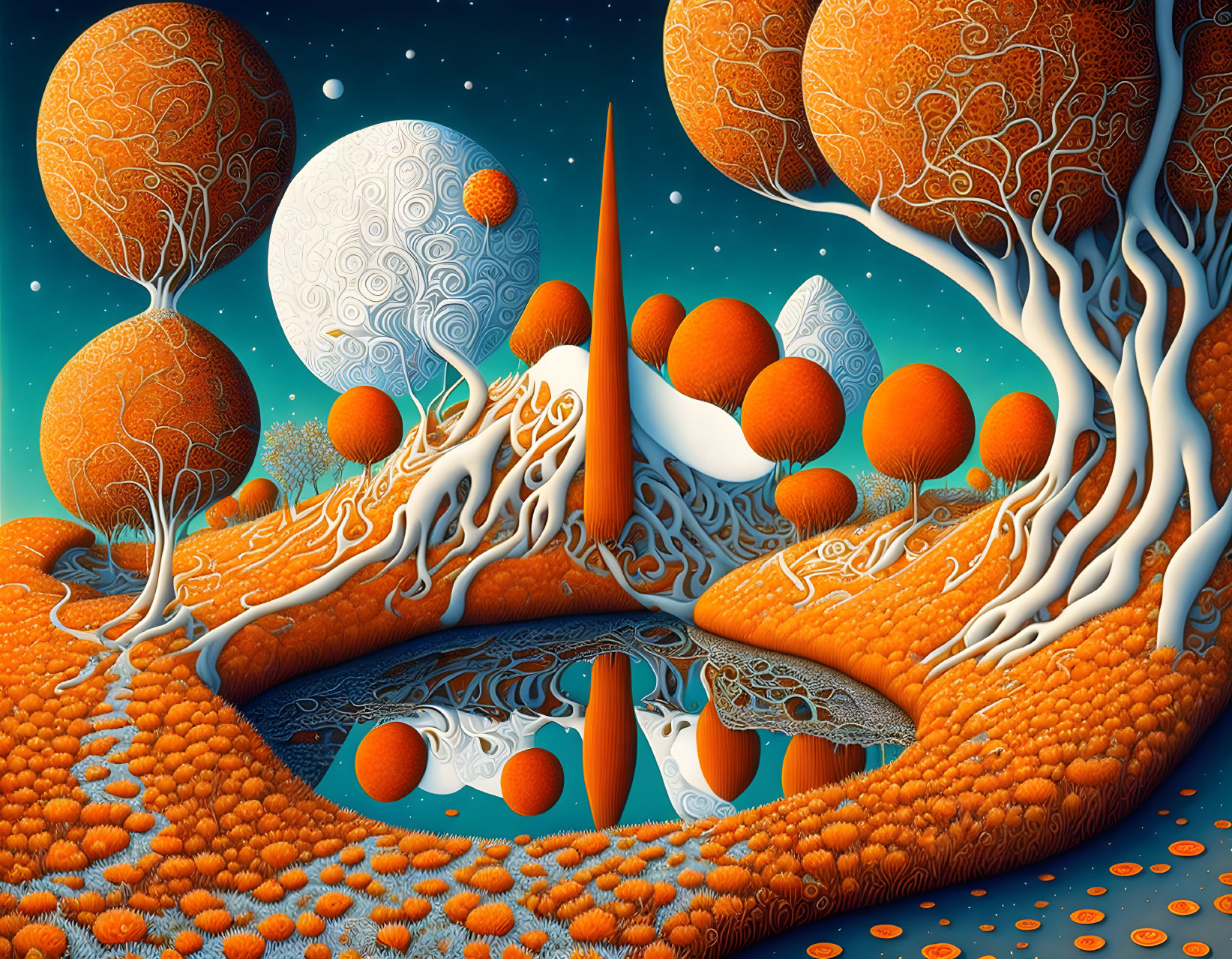 Vibrant Orange Fantasy Landscape with Stylized Trees and Starry Sky