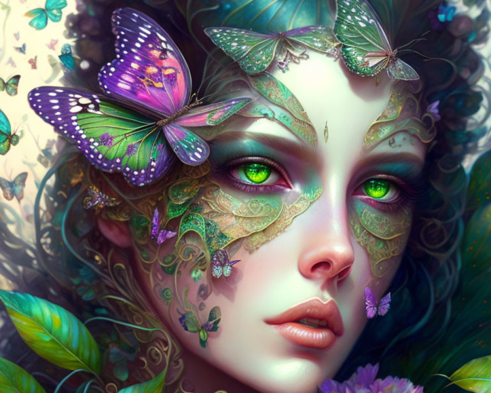 Fantasy Portrait: Woman with Green Hair, Butterfly Motifs, and Floral Elements