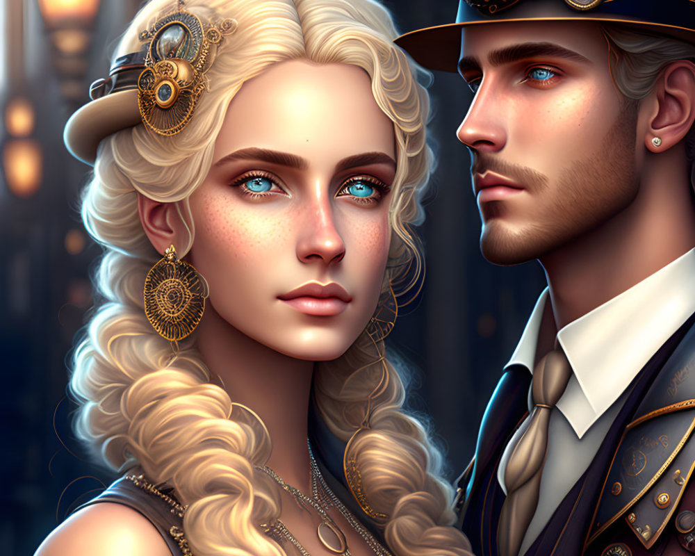 Steampunk-themed couple digital illustration with intricate attire and mechanical details