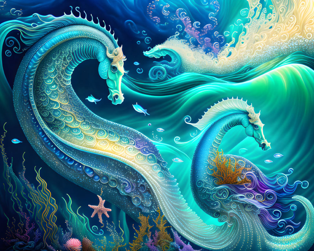 Colorful digital artwork of sea dragon-like creatures in ocean waves