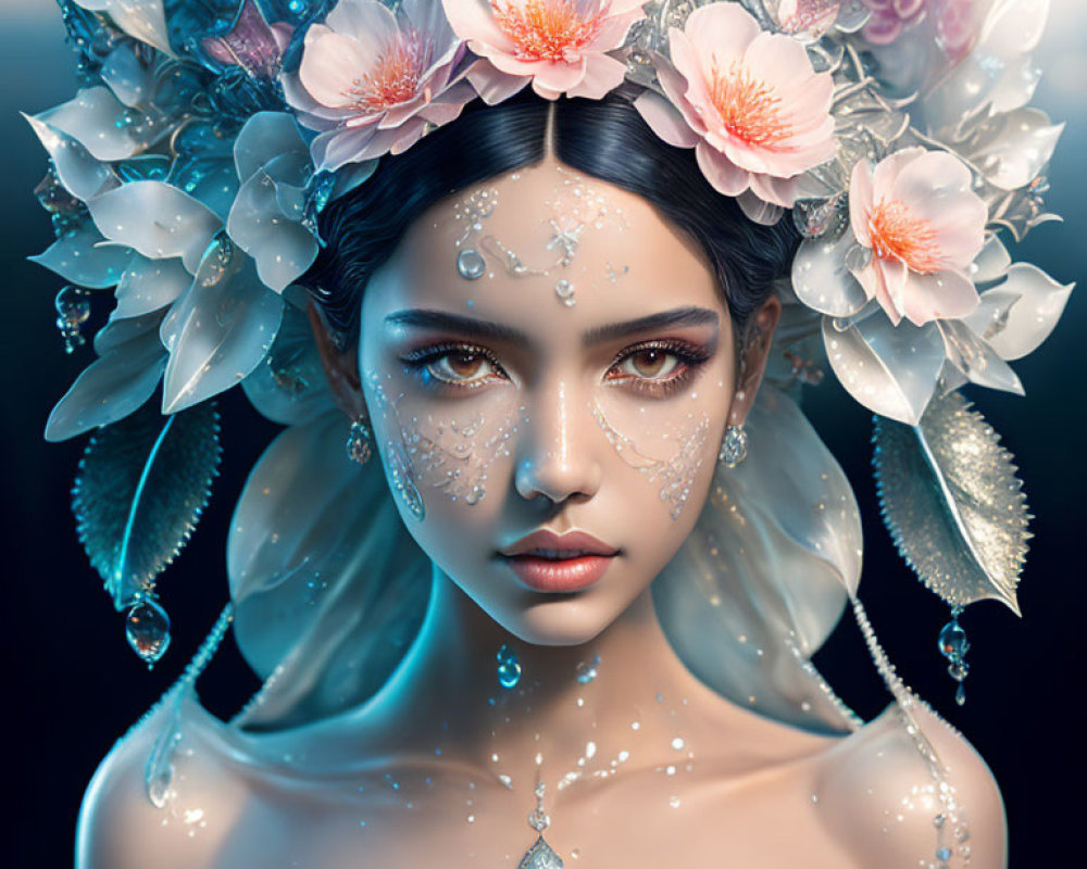 Woman portrait with floral tiara, crystalline adornments, and ethereal aura