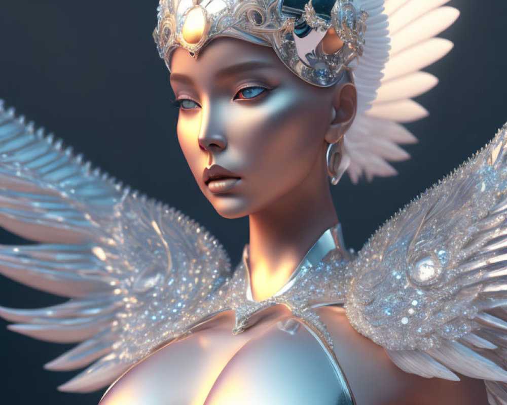 Digital artwork: Female figure with metallic skin, ornate headgear, blue eyes, white feathered