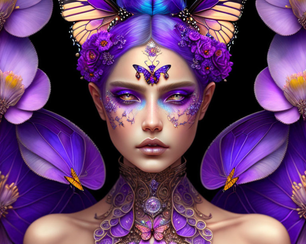 Digital artwork featuring woman with violet/purple theme, butterfly motifs, intricate makeup.