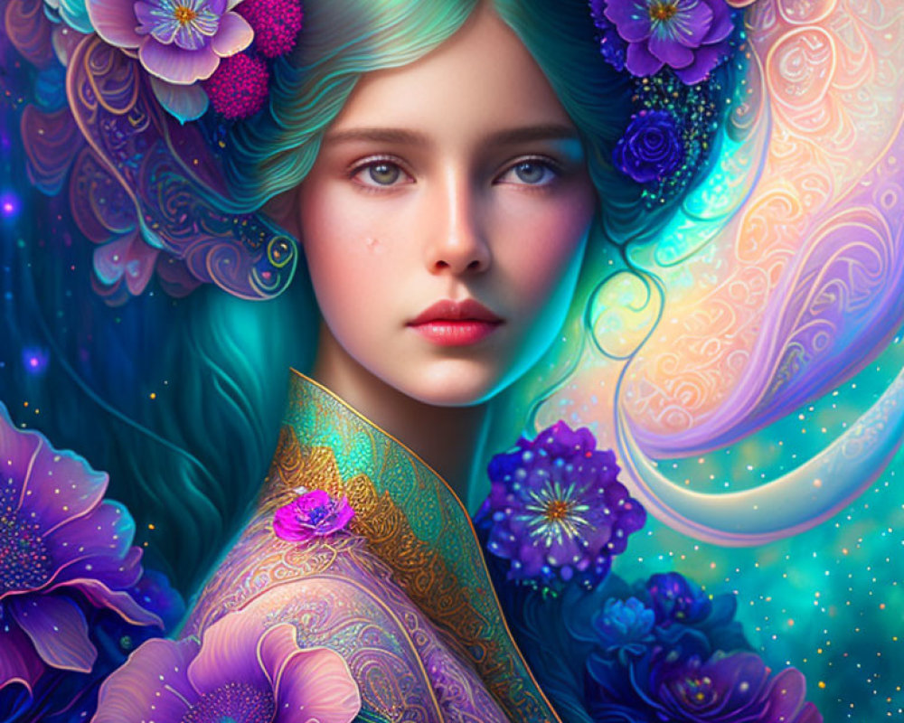 Colorful portrait of woman with flower-adorned hair in cosmic setting