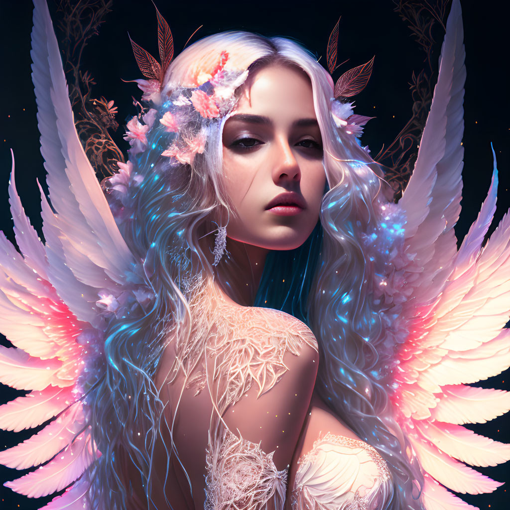 Digital artwork: Woman with angel wings and floral accessories on dark background