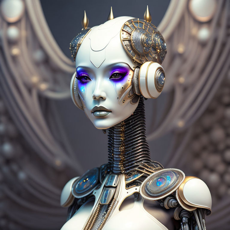 Detailed Futuristic Robotic Humanoid with Ornate Headpiece and Purple Eye Makeup