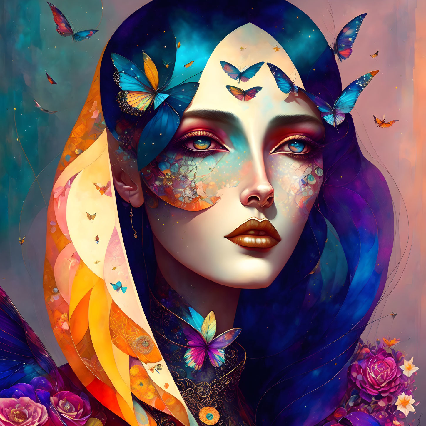 Colorful digital artwork: Woman with butterflies, shawl, floral patterns on face